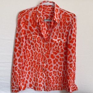 Neiman Marcus Coral Orange Silk Signature Leopard Shirt Sz.S